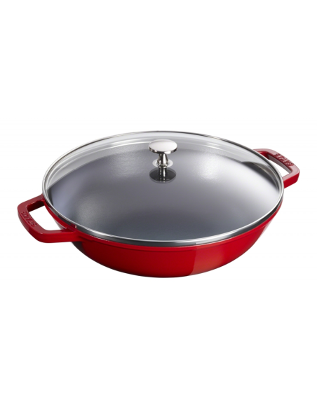 Staub Gietijzeren Wok 30 cm Kers, glasdeksel en rooster
