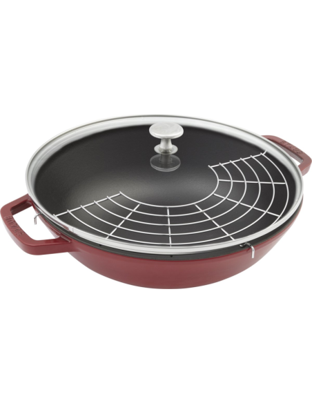 Staub Gietijzeren Wok 30 cm Kers, glasdeksel en rooster