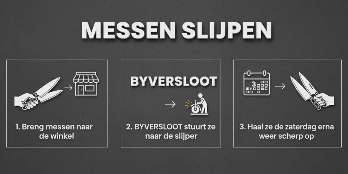 Infographic stappen slijpservice – messen inleveren, slijpen, ophalen